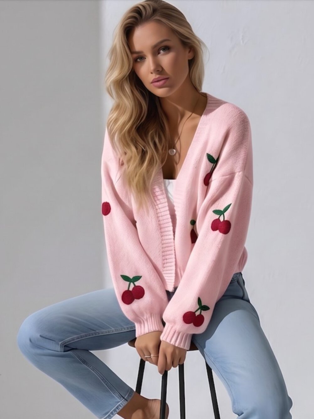 Cherry Embroidery Lantern Sleeve Cardigan Pink